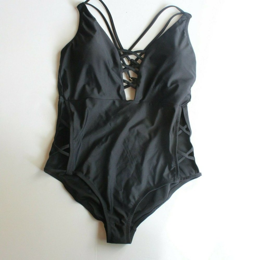 Jessica Simpson Plunging Strappy One Piece Swimsuit Black NEW Large